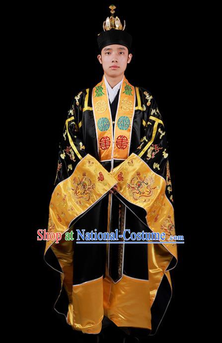 Chinese National Taoist Priest Embroidered Dragons Black Cassock Traditional Taoism Costume for Men