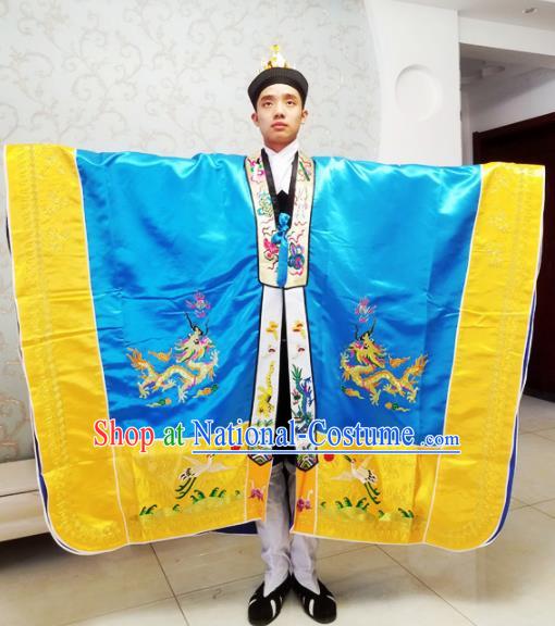 Chinese National Taoism Embroidered Dragons Royalblue Cassock Traditional Taoist Priest Rites Costume for Men