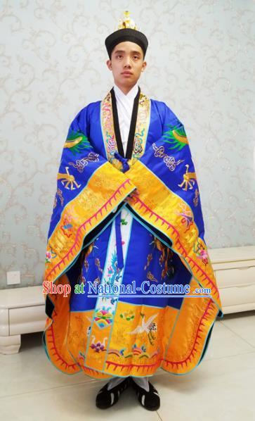 Chinese National Taoism Embroidered Dragons Blue Cassock Traditional Taoist Priest Rites Costume for Men