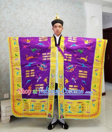 Chinese National Taoism Embroidered Purple Cassock Traditional Taoist Priest Rites Costume for Men