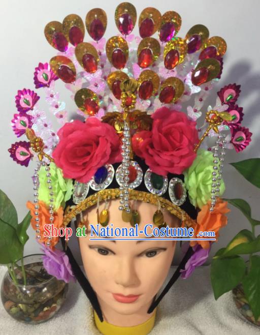 Chinese Traditional Beijing Opera Peri Rosy Peony Phoenix Coronet Headwear Peking Opera Diva Hair Accessories for Kids