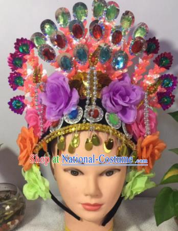 Chinese Traditional Beijing Opera Peri Purple Peony Phoenix Coronet Headwear Peking Opera Diva Hair Accessories for Kids