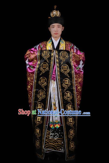 Chinese National Taoism Embroidered Cranes Rosy Cassock Traditional Taoist Priest Rites Costume for Men