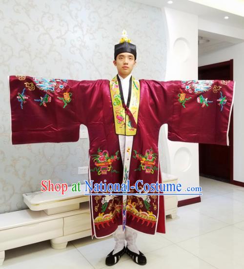 Chinese National Taoism Embroidered Wine Red Cassock Traditional Taoist Priest Rites Costume for Men