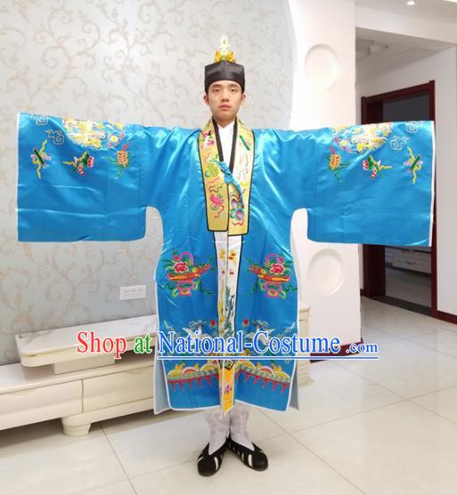 Chinese National Taoism Embroidered Blue Cassock Traditional Taoist Priest Rites Costume for Men