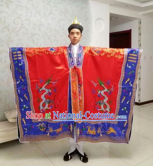 Chinese National Taoism Embroidered Dragons Red Priest Frock Cassock Traditional Taoist Priest Rites Costume for Men