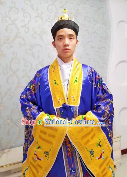 Chinese National Taoism Embroidered Dragons Deep Blue Priest Frock Cassock Traditional Taoist Priest Rites Costume for Men