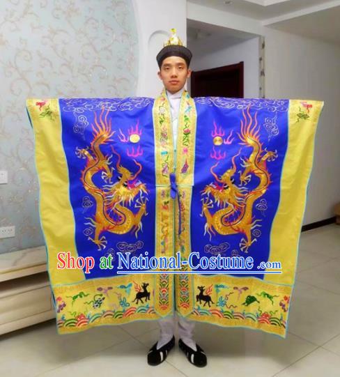 Chinese National Taoism Embroidered Dragons Royalblue Priest Frock Cassock Traditional Taoist Priest Rites Costume for Men