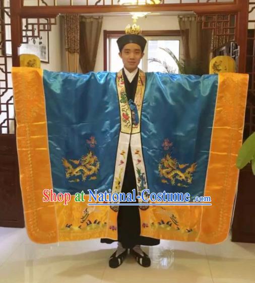 Chinese National Taoism Embroidered Blue Priest Frock Cassock Traditional Taoist Priest Rites Costume for Men