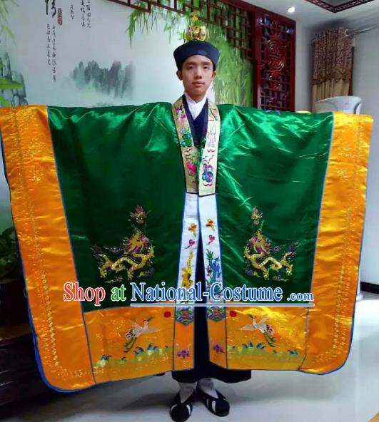 Chinese National Taoism Embroidered Dragons Green Priest Frock Cassock Traditional Taoist Priest Rites Costume for Men