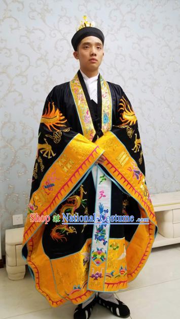 Chinese National Taoism Embroidered Dragons Tower Black Cassock Traditional Taoist Priest Rites Costume for Men