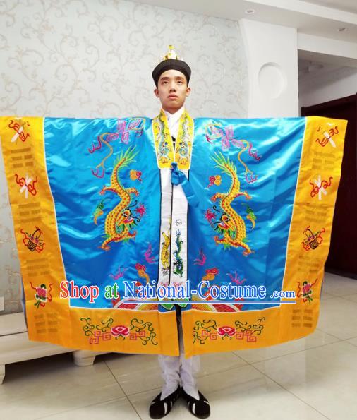 Chinese National Taoism Embroidered Dragons Blue Cassock Traditional Taoist Priest Rites Costume for Men