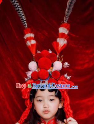 Chinese Traditional Beijing Opera Red Phoenix Coronet Headwear Peking Opera Diva Hair Accessories for Kids