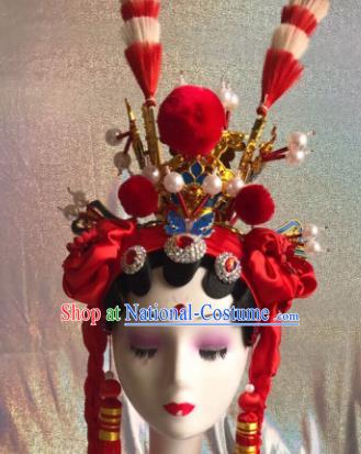 Chinese Traditional Beijing Opera Red Phoenix Coronet Headwear Peking Opera Diva Hair Accessories for Kids