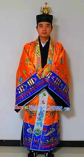 Chinese National Taoism Priest Frock Embroidered Tower Golden Cassock Traditional Taoist Priest Rites Costume for Men