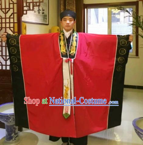 Chinese National Taoism Red Priest Frock Cassock Traditional Taoist Priest Rites Costume for Men