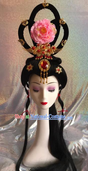 Chinese Traditional Beijing Opera Princess Wigs and Pink Peony Hairpins Peking Opera Diva Hair Accessories for Women