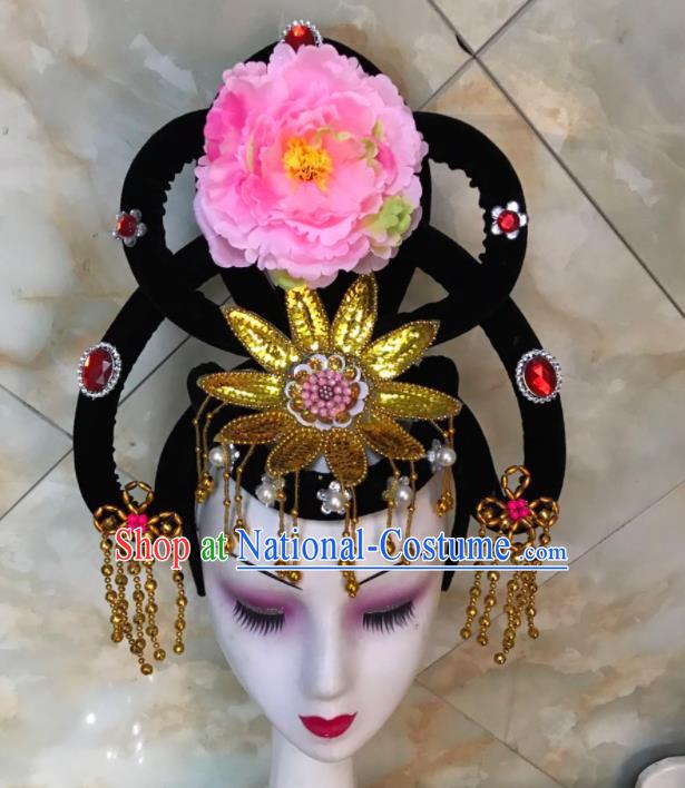 Chinese Traditional Beijing Opera Peri Wigs and Pink Peony Hairpins Peking Opera Princess Hair Accessories for Women