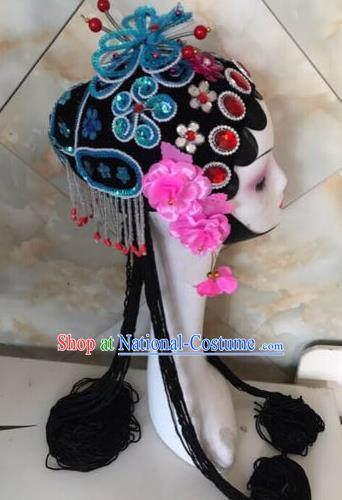 Chinese Traditional Beijing Opera Blue Butterfly Hairpins and Wigs Sheath Peking Opera Princess Hair Accessories for Women