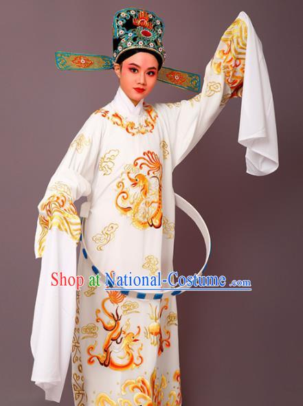 Chinese Traditional Peking Opera Number One Scholar White Embroidered Robe Beijing Opera Niche Costume for Men