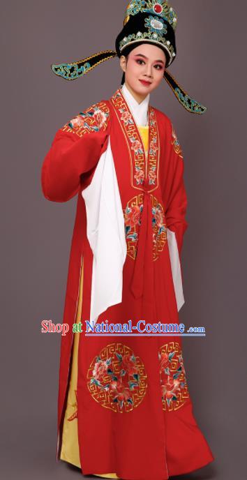 Chinese Traditional Peking Opera Niche Embroidered Peony Red Robe Beijing Opera Scholar Costume for Men