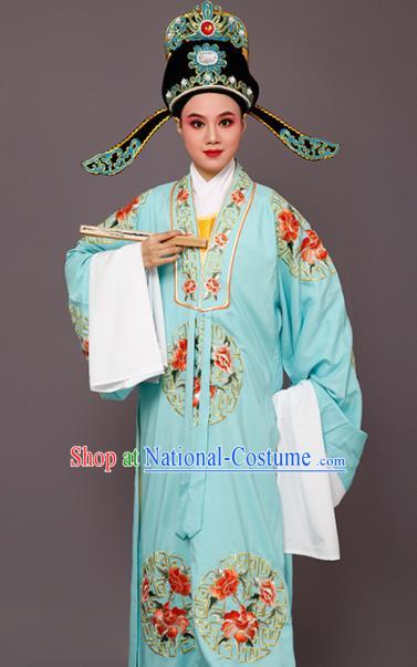 Chinese Traditional Peking Opera Niche Embroidered Peony Blue Robe Beijing Opera Scholar Costume for Men