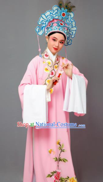 Chinese Traditional Peking Opera Niche Pink Robe Beijing Opera Scholar Embroidered Peony Costume for Men