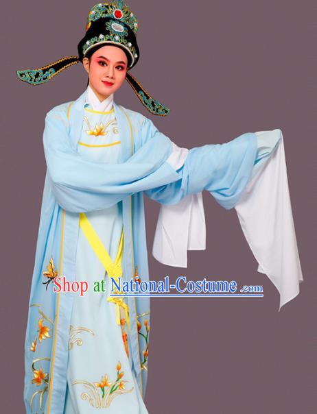 Chinese Traditional Peking Opera Embroidered Orchid Blue Robe Beijing Opera Niche Costume for Men