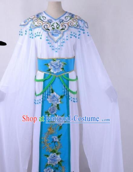 Chinese Traditional Shaoxing Opera Peri Embroidered Blue Peony Dress Beijing Opera Hua Dan Costume for Women