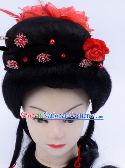 Chinese Traditional Beijing Opera Wig Sheath and Red Flower Hairpins Peking Opera Peri Hair Accessories for Women