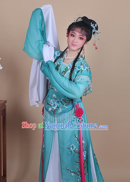 Chinese Traditional Shaoxing Opera Embroidered Plum Blossom Green Dress Beijing Opera Princess Hua Dan Costume for Women