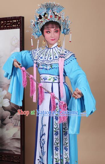 Chinese Traditional Shaoxing Opera Princess Blue Dress Beijing Opera Hua Dan Embroidered Costume for Women