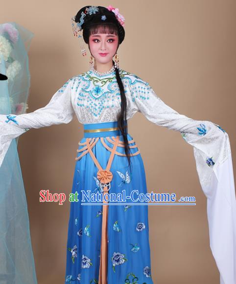 Chinese Traditional Shaoxing Opera Zhu Yingtai Blue Dress Beijing Opera Hua Dan Embroidered Costume for Women