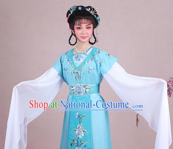 Chinese Traditional Shaoxing Opera Court Maid Embroidered Blue Dress Beijing Opera Maidservants Costume for Women