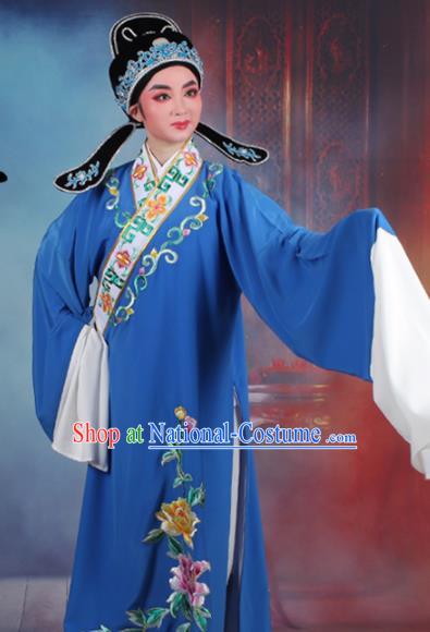 Chinese Traditional Peking Opera Niche Embroidered Peony Blue Robe Beijing Opera Scholar Costume for Men