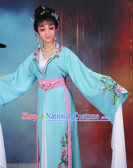 Chinese Traditional Huangmei Opera Princess Embroidered Blue Dress Beijing Opera Hua Dan Costume for Women