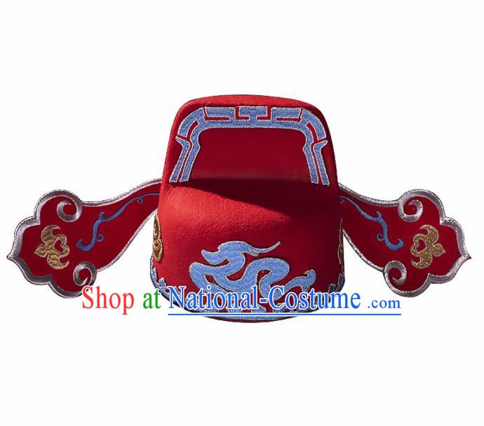 Chinese Traditional Beijing Opera Gifted Scholar Headwear Ancient Cosplay Nobility Childe Red Hat for Men