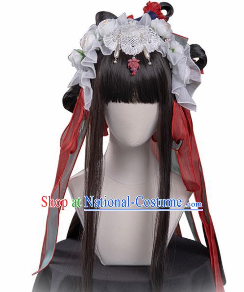 Chinese Traditional Cosplay Wigs Ancient Moon Goddess Peri Wig Sheath and Hairpins Hair Accessories for Women