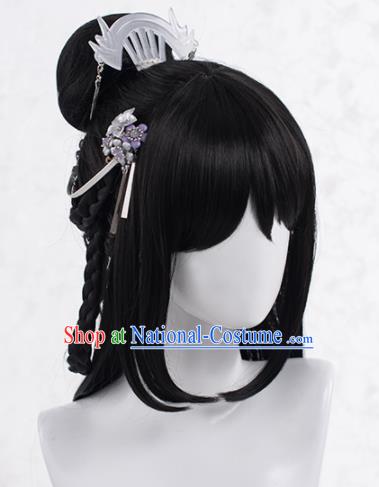 Chinese Traditional Cosplay Female Knight Wigs Ancient Peri Wig Sheath and Hairpins Hair Accessories for Women