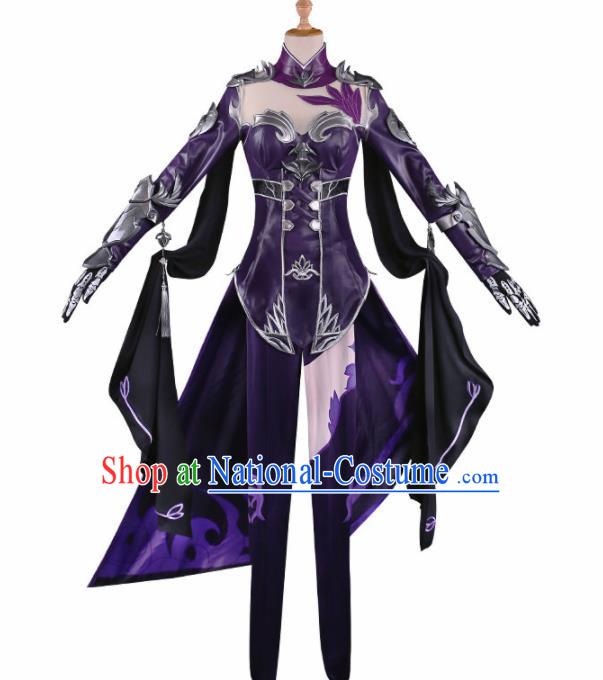 Traditional Halloween Cosplay Swordswoman Costume Chinese Ancient Princess Purple Hanfu Dress for Women