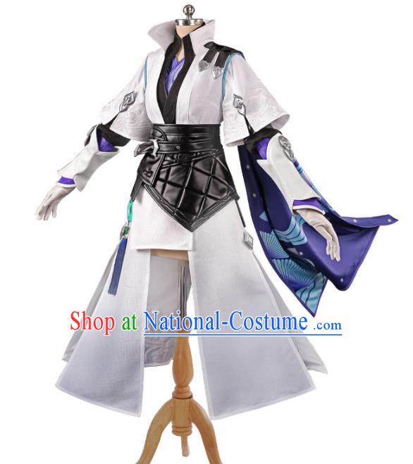 Traditional Halloween Cosplay Swordswoman Costume Chinese Ancient Heroine White Hanfu Dress for Women