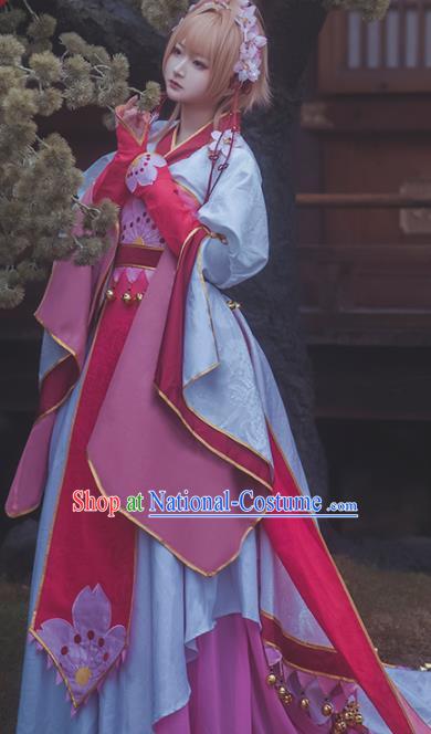 Traditional Halloween Cosplay Swordswoman Costume Chinese Ancient Princess Pink Hanfu Dress for Women