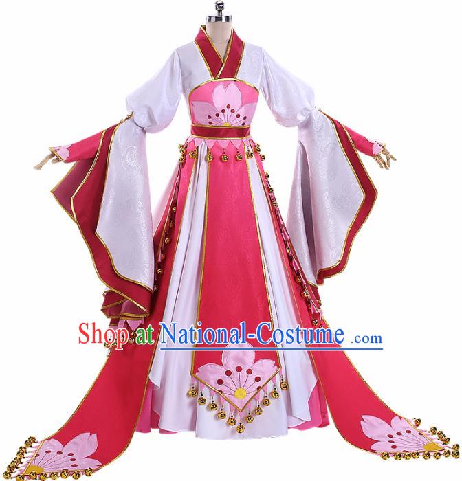 Traditional Halloween Cosplay Swordswoman Costume Chinese Ancient Princess Pink Hanfu Dress for Women