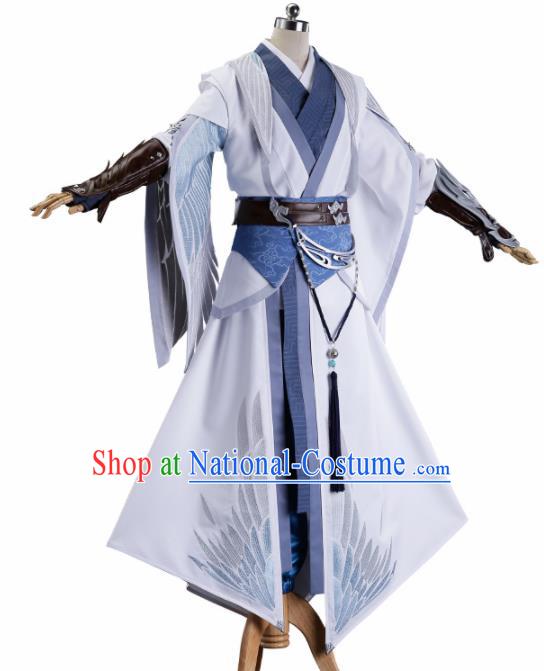 Chinese Traditional Cosplay Knight Nobility Childe White Costume Ancient Swordsman Hanfu Clothing for Men