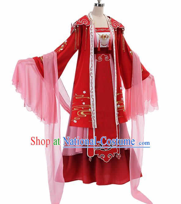 Traditional Halloween Cosplay Swordswoman Costume Chinese Ancient Court Princess Red Hanfu Dress for Women