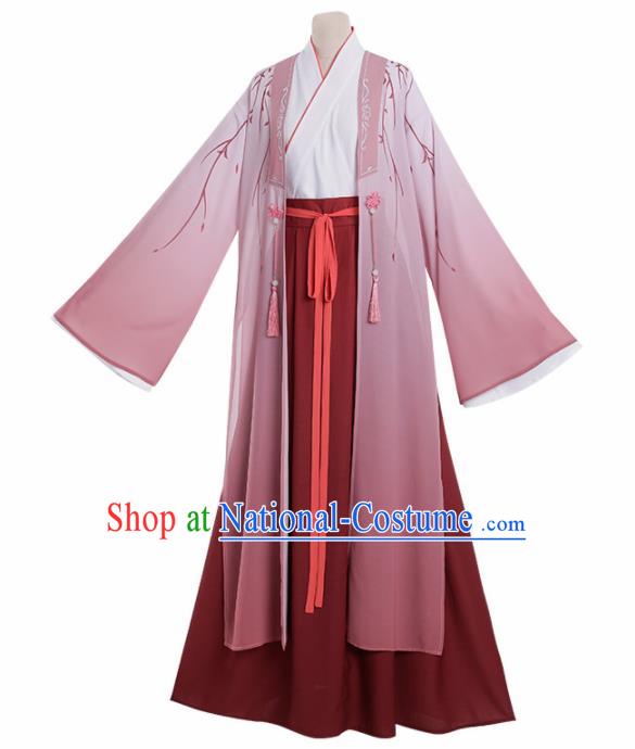 Chinese Traditional Cosplay Knight Nobility Childe Pink Costume Ancient Swordsman Hanfu Clothing for Men