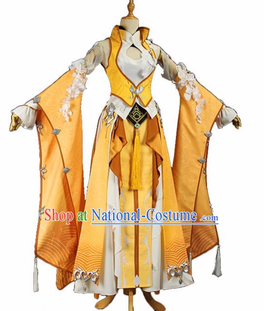 Chinese Traditional Cosplay Princess Costume Ancient Tang Dynasty Swordswoman Yellow Hanfu Dress for Women