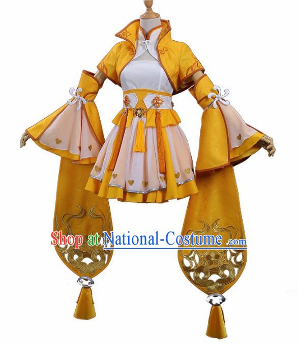 Traditional Halloween Cosplay Swordswoman Costume Ancient Female Knight Yellow Hanfu Dress for Women