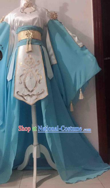 Chinese Traditional Cosplay Princess Costume Ancient Tang Dynasty Palace Lady Blue Hanfu Dress for Women