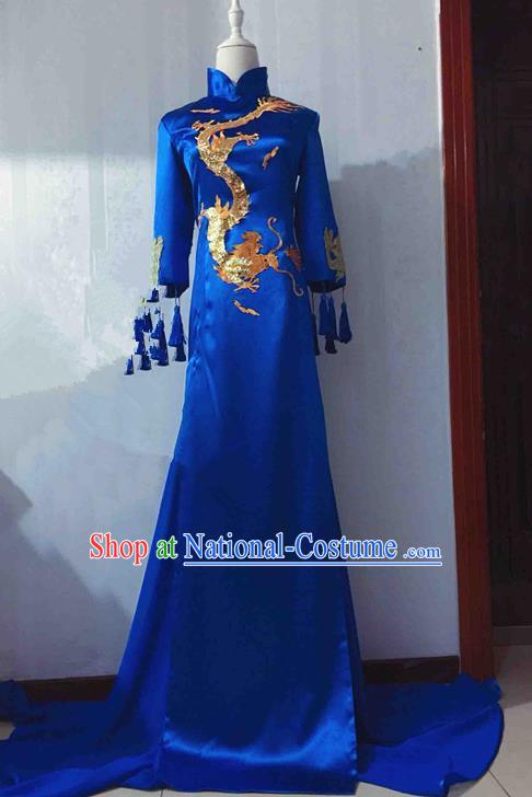 Traditional Chinese Modern Fancywork Costume National Embroidered Dragon Blue Qipao Dress for Women